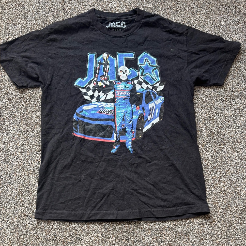 Black Graphic T-Shirt with Racing Design size large